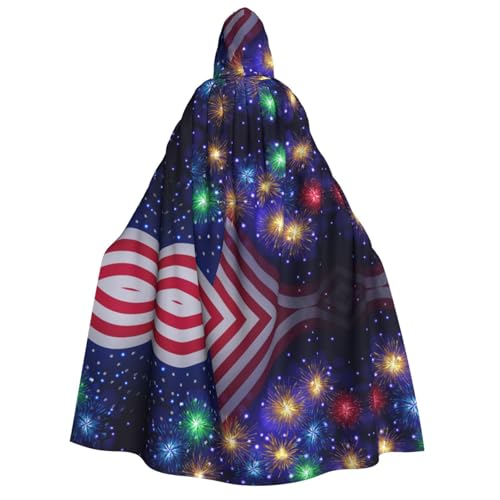 UENFFKDAP Feuerwerk Amerikanische Flagge 4. Juli) Druck Erwachsene Kapuzenumhang Halloween Umhang Robe Halloween Kostüme Party Dekor für Damen Herren weich und elastisch von UENFFKDAP