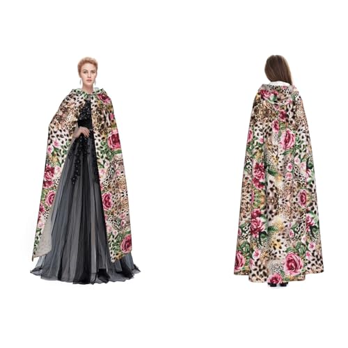 UENFFKDAP Umhang mit Kapuze für Damen und Herren, Erwachsene, mit Kapuze für Halloween, Cosplay, Party, Kostüme, mit Tiger, Leopardenmuster, Rosenblüte von UENFFKDAP