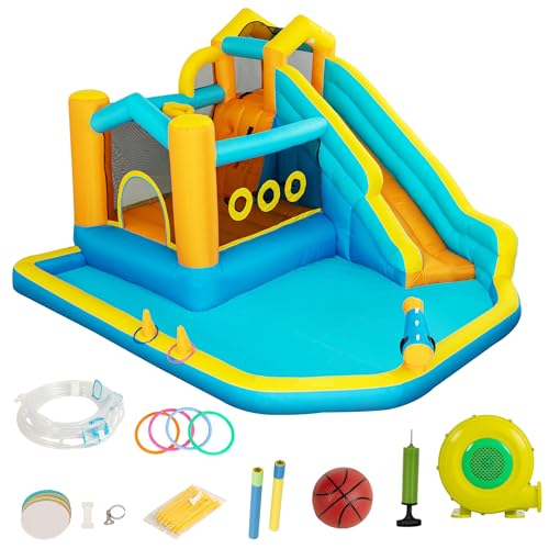 UEV Hüpfburg mit Gebläse 8-in-1 Groß Aufblasbare Wasserpark für Kinder von 3-8 Jahre Wasserrutsche Springen Kletterwand Kindergeburtstag Bouncy Castle für Indoor und Outdoor 395x355x220cm von UEV