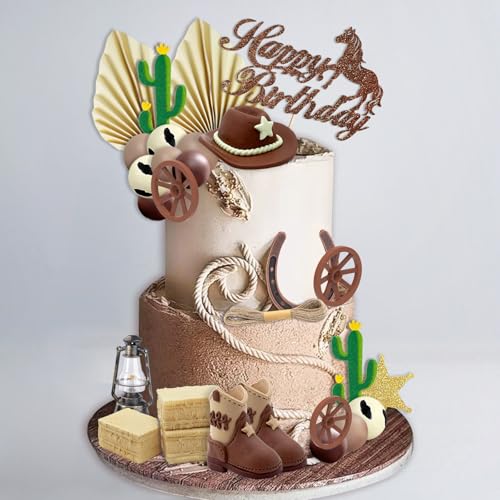 UFROMSKY Cowboy-Kuchenaufsatz, Westernhut und Stiefel, Cupcake-Topper mit Kugeln, Kaktus und Hufeisen, Dekorationen für Cowboy-Thema, Geburtstagsparty, Babyparty, Zubehör, 44 Stück von UFROMSKY