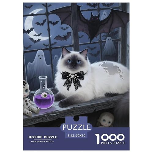 Halloween-Colorpoint-Ragdoll-Katze Puzzle 1000 Teile Haustier Katze – Schwieriges Puzzle Erwachsene, Lernspiel & Deko Für Zuhause Oder Reisen, Dicke Kartonteile, Poster Inklusive – 70x50cm/1000pcs von UFVZBNFAN