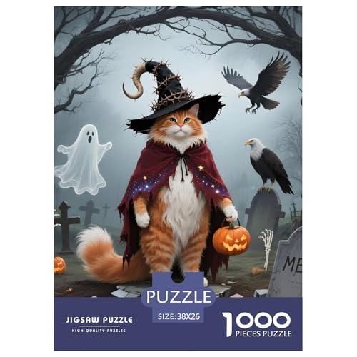 Halloween-Langhaarige Hauskatze Puzzle 1000 Teile Für Erwachsene – Anspruchsvolles Haustier Katze Motiv – Robuste Teile, Dekorative Box & Entspannende Freizeitbeschäftigung 38x26cm/100 von UFVZBNFAN