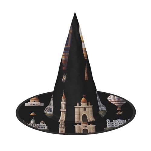 UFhgjjb Halloween-Hexenhut – Schloss Heißluftballon Volldruck Hexen Dekor Party Kostüm Cosplay Rollenspiel Festival Karneval Hut von UFhgjjb