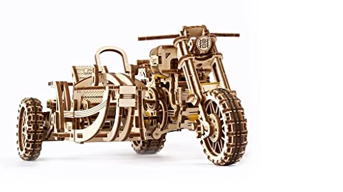 UGEARS Motorrad mit Beiwagen 3D-Puzzles – Vatertagsgeschenk Holzmodellbausätze für Erwachsene zum Bauen – Beiwagen-Motorrad-Modellbausatz im Retro-Design mit Gummibandmotor von UGEARS