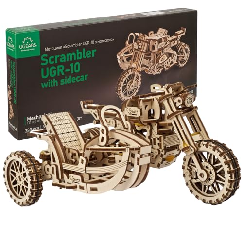 UGEARS Motorrad mit Beiwagen 3D-Puzzles – Vatertagsgeschenk Holzmodellbausätze für Erwachsene zum Bauen – Beiwagen-Motorrad-Modellbausatz im Retro-Design mit Gummibandmotor von UGEARS