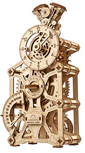 UGEARS Motoren-Uhr 3D Holzpuzzle für Erwachsene - Mechanische 3D Puzzle Uhr Holz - Funktionelle Uhr Modellbausatz mit Bewegliche Kolben - Selbst Bauen holzmodelle bausätze ideal für Modellbau Fan von UGEARS