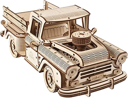 UGEARS Retro Modellbau Holz Auto - Pickup Truck Lumberjack der 1950er Jahre 3D Holzpuzzle für Erwachsene - 3D Puzzle Auto Pickup Spielzeug - LKW Modellbausatz aus Holz - Holzbausatz-Auto Modell von UGEARS