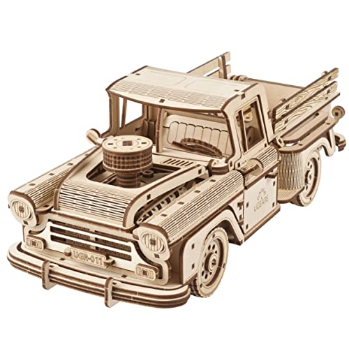 UGEARS Retro Modellbau Holz Auto - Pickup Truck Lumberjack der 1950er Jahre 3D Holzpuzzle für Erwachsene - 3D Puzzle Auto Pickup Spielzeug - LKW Modellbausatz aus Holz - Holzbausatz-Auto Modell von UGEARS