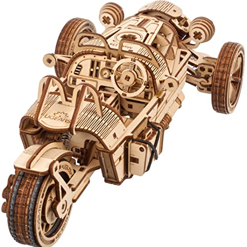 UGEARS Dreiradfahrzeug UGR-S - 3D Holzpuzzle Motorrad - Auto 3D Puzzle Modellbausatz für Erwachsene - 3D Motorrad Holzpuzzle - Magicholz Motorrad Modell mit funktionsfähiger Lenkung und Federmotor von UGEARS