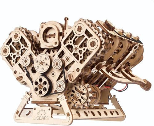 UGEARS V8-Motor Holzmodellbausätze für Erwachsene zum Zusammenbauen – 3D Holzpuzzles für Erwachsene Mechanisches Modellbau-Set – DIY-Bausatz Funktionales Motor-Modell mit Elektromotor – 776 Teile von UGEARS