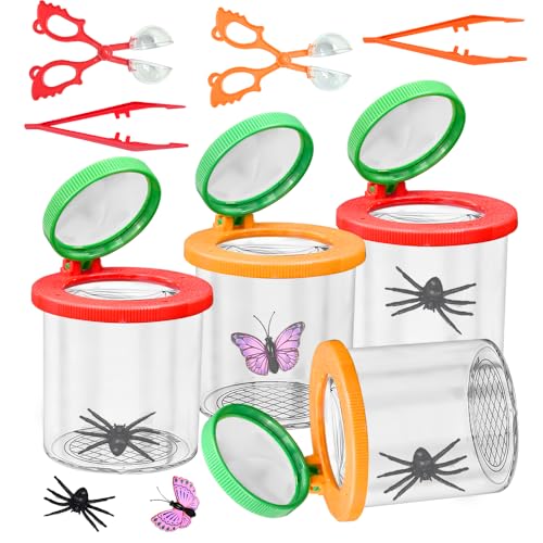 UHETLET 4 Stück Becherlupen für Kinder Becherlupe Lupenglas für Kinder Set Insekten Viewer für 3-Fach/6-Fach Lupenbecher Set Insektenfänger mit Pinzette Kleinkindspielzeug für Outdoor Natur Erkundung von UHETLET