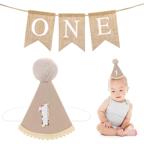 Hut zum 1. Geburtstag und ein Banner Set, UHOMENY Birthday-Kronenflagge für 1 Jahr altes Baby, Jungen, Mädchen, 1. Party-Dekoration von UHOMENY