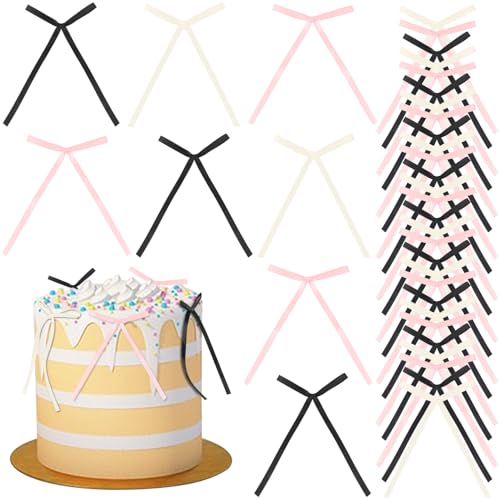 UHOMENY Schleifen-Kuchendekorationen, niedliche Satinband-Schleifen für Kuchen, Blumen, Taschen, Verpackungsboxen, Weihnachtsbaum, Hochzeit, Partyzubehör, 36 Stück (Rosa, Schwarz, Beige) von UHOMENY