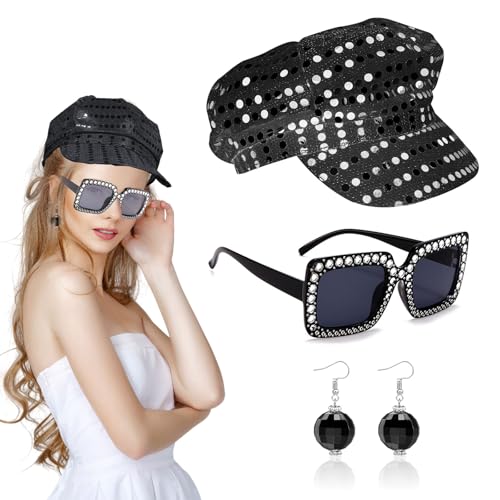 UILYNIU 3 Stück Disco Kostüm 70er 80er Jahre Accessoires Pailletten Hut Bling Sonnenbrille Ohrringe Discokugel Disco Outfit Latin Jazz Mardi Gras Cosplay Abschlussball Party von UILYNIU