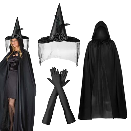 UILYNIU 3 Stück Hexe Hut Kostüm Set, Halloween Hexenhut Cosplay Handschuhe und Hexenumhang, Zauberer Halloween Kostüme, Halloween Hexenkostüm, für Halloween Karneval Cosplay Party von UILYNIU