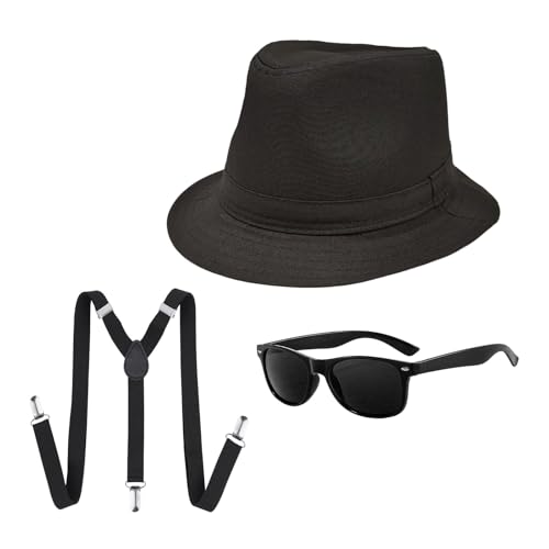 UILYNIU 3 Stück Mafia Gatsby Gangster Kostüm Herren, 1920s Jahre Herren Accessoires Fedora Hut Gläser Hosenträger Set, Panama Gangster Hut Flapper Kostüm fur Halloween Karneval Kostümparty von UILYNIU