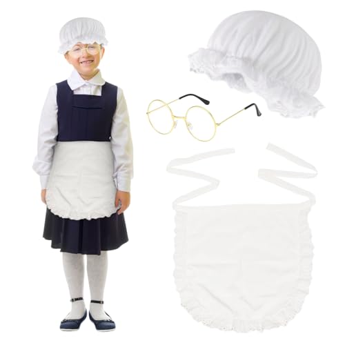 UILYNIU 3 Stück Maid Kostüm für Mädchen Damen, Dienstmädchenkostüm Zubehör mit Weiße Maid Schlafhaube Runde Gläser und Retro Hausmädchen Halbe Schürze, für Halloween Karneval Cosplay Party (White) von UILYNIU