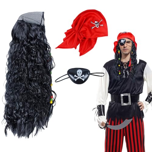 UILYNIU 3 Stück Piraten Kostüm Set Erwachsene Kinder Kapitän Piraten Perücke Piratenhut Augenklappe Pirat Piratenkostüm Herren Damen Piraten Kapern für Halloween Karneval Cosplay (3 Stück) von UILYNIU
