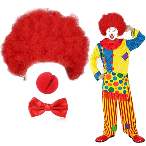 UILYNIU 3 Stück Clown Kostüm Set Herren Damen Clown Perücke Rot Perücke Lockige Clownsnasen Fliege für Party Karneval (Rot) UILYNIU 3 Stück Clown Kostüm Set Herren Damen Clown Perücke Rot Perücke Lockige Clownsnasen Fliege für Party Karneval (Rot) von UILYNIU