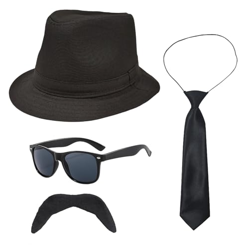 UILYNIU 4 Stück Gangster Kostüm Herren 1920s Jahre Herren Accessoires Schwarz Hut Gläser Krawatte Schnauzbart, Mafia Gatsby Panama Gangster Hut Erwachsene Kostüm fur Halloween Karneval (Schwarz) von UILYNIU