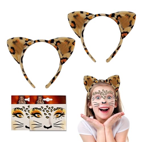 UILYNIU 4 Stück Haarreif Leopardenohren Leopard Gesichts Kunst Aufkleber für Kostüm Party Dekoration Zubehör Verkleidung, Geburtstag, Kostümzubehör Party-Ohr-Stirnband (4 Stück) von UILYNIU