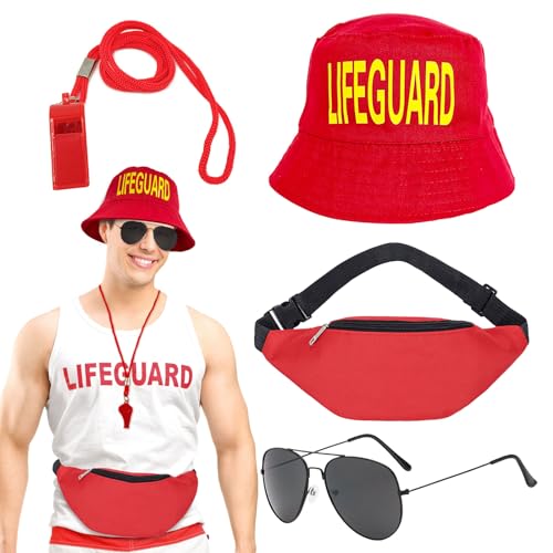 UILYNIU 4 Stück Lifeguard Kostüm, Rot Baywatch Fischerhüte Sonnenbrille Sportpfeifen Hüfttasche, Bademeister Fasching Kostüm für Herren Damen Rettungsschwimmer Erwachsener Halloween Karneval (Rot) UILYNIU 4 Stück Lifeguard Kostüm, Rot Baywatch Fischerhüte Sonnenbrille Sportpfeifen Hüfttasche, Bademeister Fasching Kostüm für Herren Damen Rettungsschwimmer Erwachsener Halloween Karneval (Rot) von UILYNIU