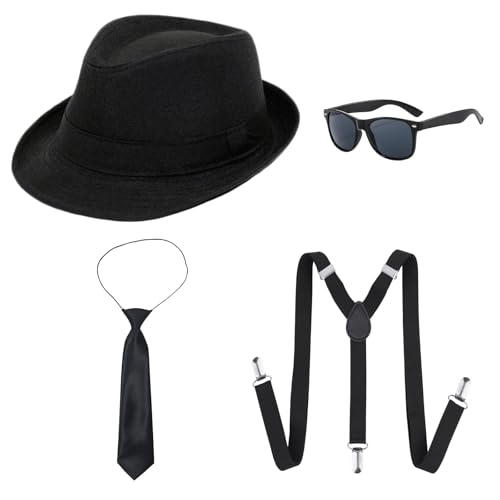 UILYNIU 4 Stück Mafia Gatsby Gangster Kostüm Herren, 1920s Jahre Herren Accessoires Hut Gläser Krawatte Hosenträger, Panama Gangster Hut Erwachsene Kostüm fur Halloween Karneval Kostümparty UILYNIU 4 Stück Mafia Gatsby Gangster Kostüm Herren, 1920s Jahre Herren Accessoires Hut Gläser Krawatte Hosenträger, Panama Gangster Hut Erwachsene Kostüm fur Halloween Karneval Kostümparty von UILYNIU