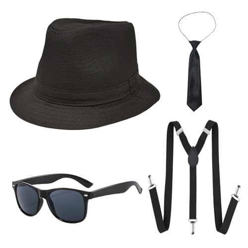 UILYNIU 4 Stück Mafia Gatsby Gangster Kostüm Herren, 1920s Jahre Herren Accessoires Hut Gläser Krawatte Hosenträger, Panama Gangster Hut Erwachsene Kostüm fur Halloween Karneval Kostümparty von UILYNIU