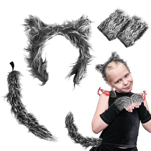 UILYNIU 4 Stück Wolf Kostüm Zubehör Set Wolf Ohren Handschuhe Wolf Schwanz Wolf Kostüm Furry Kostüm Halloween Kostüm Kinder Erwachsene Werwolf Kostüm Zubehör für Halloween Party Cosplay (4 Stück) UILYNIU 4 Stück Wolf Kostüm Zubehör Set Wolf Ohren Handschuhe Wolf Schwanz Wolf Kostüm Furry Kostüm Halloween Kostüm Kinder Erwachsene Werwolf Kostüm Zubehör für Halloween Party Cosplay (4 Stück) von UILYNIU