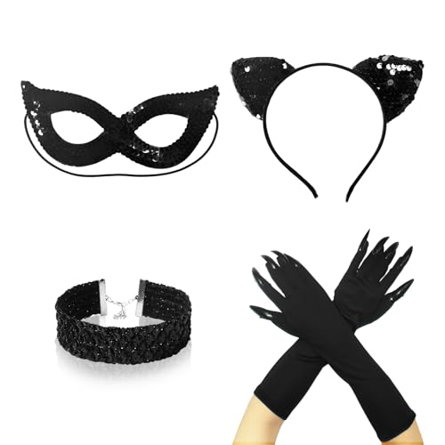 UILYNIU 4 Stücke Cat Woman Katzenkostüm, Katzenohren Haarreif Masken Halskette Katzenkralle Handschuhe, Katze Kostüm Zubehör,Maskerade Masken, Halloween Karneval Cosplay Party, Einheitsgröße (Schwarz) UILYNIU 4 Stücke Cat Woman Katzenkostüm, Katzenohren Haarreif Masken Halskette Katzenkralle Handschuhe, Katze Kostüm Zubehör,Maskerade Masken, Halloween Karneval Cosplay Party, Einheitsgröße (Schwarz) von UILYNIU