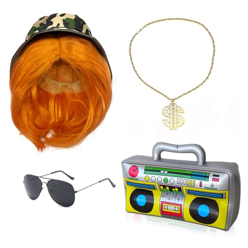 UILYNIU 5 Stück 80er 90er Hip Hop Kostüm Zubehör Ingwer Perücke Herren Perücke Eimer Hut Aufblasbare Boom Box Halskette Sonnenbrille Rapper Rock Perücke Hippie Zubehör für Karneval Party (5 Stück) UILYNIU 5 Stück 80er 90er Hip Hop Kostüm Zubehör Ingwer Perücke Herren Perücke Eimer Hut Aufblasbare Boom Box Halskette Sonnenbrille Rapper Rock Perücke Hippie Zubehör für Karneval Party (5 Stück) von UILYNIU