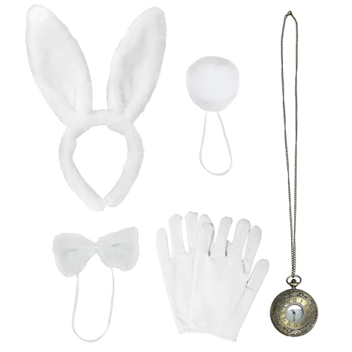 UILYNIU 5 Stücke Weiß Häschen Kostüm Zubehör Hasenohren Fliege Weiße Handschuhe Hasenschwanz Uhr Häschenkostüm Kinder Erwachsene Bunny Girl Cosplay für Ostern Welttag des Buches Halloween Party (Weiß) UILYNIU 5 Stücke Weiß Häschen Kostüm Zubehör Hasenohren Fliege Weiße Handschuhe Hasenschwanz Uhr Häschenkostüm Kinder Erwachsene Bunny Girl Cosplay für Ostern Welttag des Buches Halloween Party (Weiß) von UILYNIU