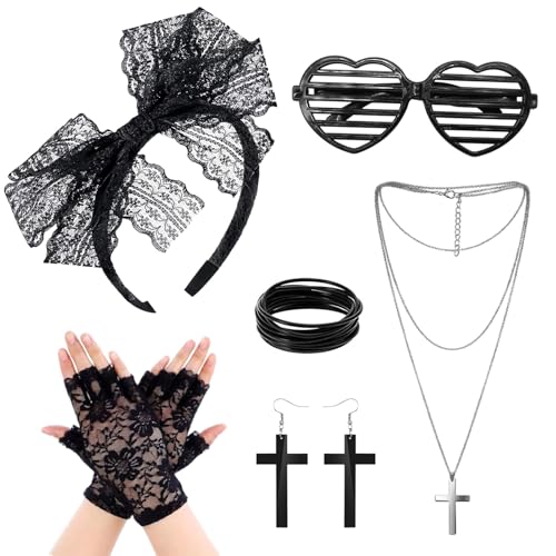 UILYNIU 6 Stück 80er Jahre Kostüm Zubehör Spitzen Stirnband Schwarze Ohrringe Spitzen Handschuhe 80er Jahre Retro Party Halskette Armband Brille 80er Damen 80er Jahre Accessoires für Party (Schwarz) UILYNIU 6 Stück 80er Jahre Kostüm Zubehör Spitzen Stirnband Schwarze Ohrringe Spitzen Handschuhe 80er Jahre Retro Party Halskette Armband Brille 80er Damen 80er Jahre Accessoires für Party (Schwarz) von UILYNIU