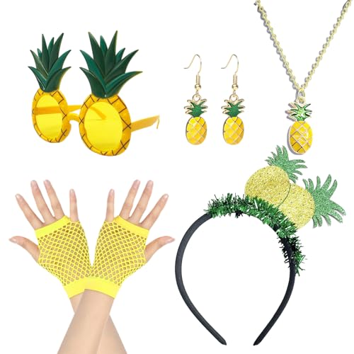 UILYNIU 7 Stück Ananas Kostüm Set Ananas Tiara, Ananas Gläser, Ananas Ohrringe, Ananas Halskette, Netzhandschuhe, Hawaii Outfit Damen für Karneval Party Ananas Geschenke (7 Stück) von UILYNIU