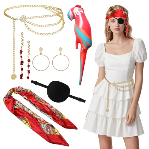 UILYNIU 7 Stück Piraten Kostüm Zubehör Set Piratenkostüm Damen Piraten Kopftuch Augenklappe Aufblasbarer Papagei Taillenkette Ohrring Haarschmuck Pirate Accessories für Karneval Halloween (7 Stück) von UILYNIU