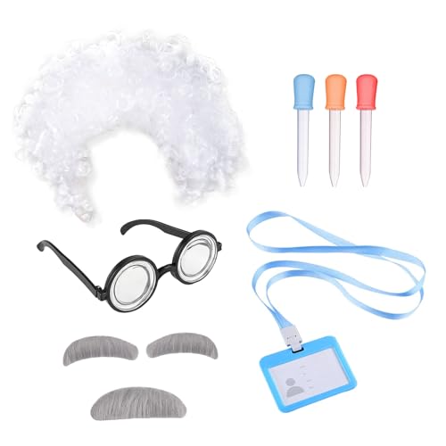 UILYNIU 7 Stück Verrückter Professor Wissenschaftler Perücke Brille Nerd Arbeitskarte Tropfer Schnurrbart Augenbrauen, Weiß Locken Perücke Professor Labor Kostüm Kinder Erwachsene Halloween (7PCS) UILYNIU 7 Stück Verrückter Professor Wissenschaftler Perücke Brille Nerd Arbeitskarte Tropfer Schnurrbart Augenbrauen, Weiß Locken Perücke Professor Labor Kostüm Kinder Erwachsene Halloween (7PCS) von UILYNIU