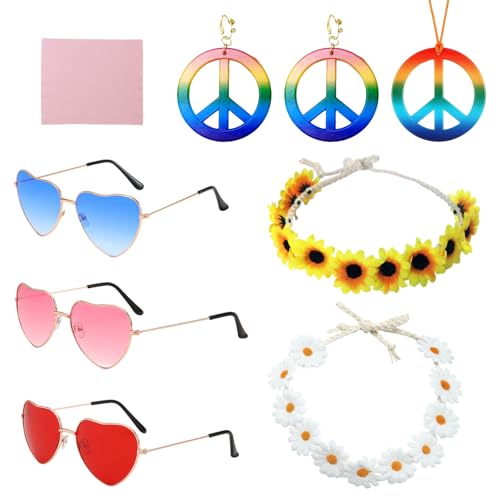 UILYNIU 7-teiliges Hippie-Kostüm-Set, für Frauen & Erwachsene, inklusive Hippie-Brille & Friedenszeichen-Halskette von UILYNIU