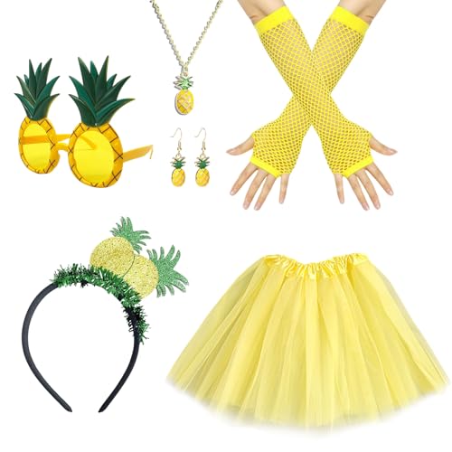 UILYNIU 8 Stück Ananas Kostüm Set, Ananas Tiara, Ananas Gläser, Ananas Ohrringe, Ananas Halskette, Netzhandschuhe, Gelber Tutu Rock, Hawaii Outfit Damen für Karneval Party Ananas Geschenke (8 Stück) UILYNIU 8 Stück Ananas Kostüm Set, Ananas Tiara, Ananas Gläser, Ananas Ohrringe, Ananas Halskette, Netzhandschuhe, Gelber Tutu Rock, Hawaii Outfit Damen für Karneval Party Ananas Geschenke (8 Stück) von UILYNIU
