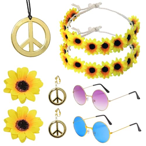 UILYNIU 9-teiliges Hippie-Kostüm-Set,Hippie Headband, Vintage Hippie Glasses in Style 60s 70s, Boho Headband, Flower Headband, Peace Sign Necklace,for Children Adults Hippie Retro Party (9 Stück) von UILYNIU