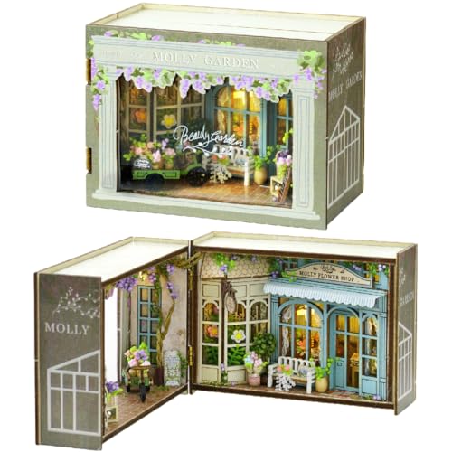 DIY Book Nook, Puppenhaus Holz Haus mit Möbliert, Holz Streichfähig Book Nook, Mini Bibliothek Kreatives Zimmer Geburtstagsgeschenk (Molly Garden) von UINOFER