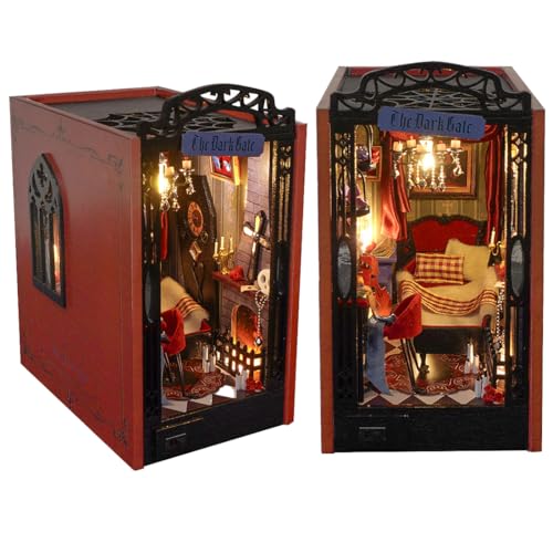 UINOFER Book Nook DIY Kit, Miniatur Puppenhaus Holz Haus, Miniatur Kit für Erwachsene, 3D Holzpuzzle Buchstützen aus Holz, Modellbausätze für Erwachsene Teens zum Bauen (Dark Gate) von UINOFER