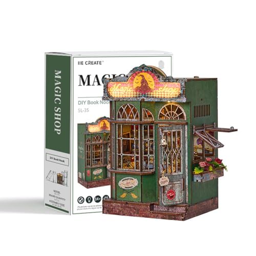 UINOFER Book Nook DIY Kit, Miniatur Puppenhaus Holz Haus, Miniatur Kit für Erwachsene, 3D Holzpuzzle Buchstützen aus Holz, Modellbausätze für Erwachsene Teens zum Bauen (Magic Shop) von UINOFER