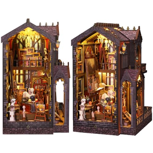 UINOFER Book Nook DIY Kit, Miniatur Puppenhaus Holz Haus, Miniatur Kit für Erwachsene, 3D Holzpuzzle Buchstützen aus Holz, Modellbausätze für Erwachsene Teens zum Bauen (Wonder Studio) von UINOFER