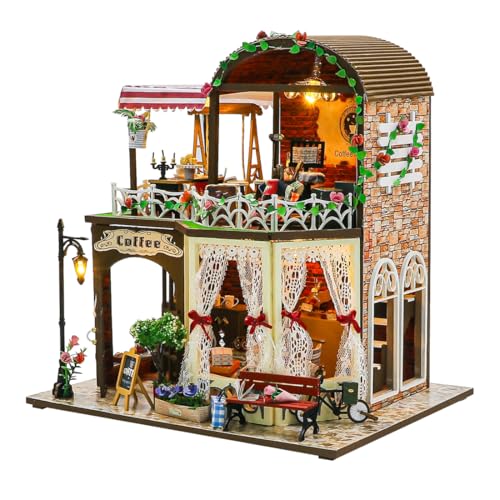 UINOFER DIY Miniatur Bausatz, Miniatur-Bausatz zum Selberbauen mit Möbeln, Modellhäuser zum Bauen, Bausatz für EIN Kleines Haus, Puppenhaus Bausätze für Erwachsene, Kinder (Coffee TIME) von UINOFER