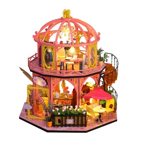 UINOFER DIY Miniatur Gewächshaus, Miniatur Haus mit Licht, Miniatur Haus DIY Schneiderei für Kinder, Erwachsene Geburtstag (Rosa) von UINOFER