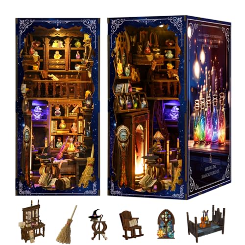 UINOFER Holz Book Nook Kit, Miniatur Puppenhaus Haus, Miniatur Kit 3D Holzpuzzle Buchstützen aus Holz, Modellbausätze für Erwachsene Teens zum Bauen (Magic Study) von UINOFER