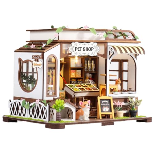 UINOFER Miniatur Haus, Miniatur Puppenhaus Holz mit Möbeln und LED Lichtern, DIY Miniature House, Kreatives Zimmer Geburtstagsgeschenk, Miniatur Bastelset für Erwachsene und Kinder (Pet Shop) von UINOFER