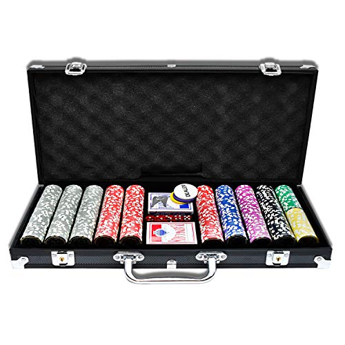 UISEBRT Pokerkoffer Set 500 Chips - Pokerset Laser inkl. 2X Pokerdecks, 5X Würfel, 3X Dealer Button (500 Chips, Schwarz Aluminium-Gehäuse) von UISEBRT