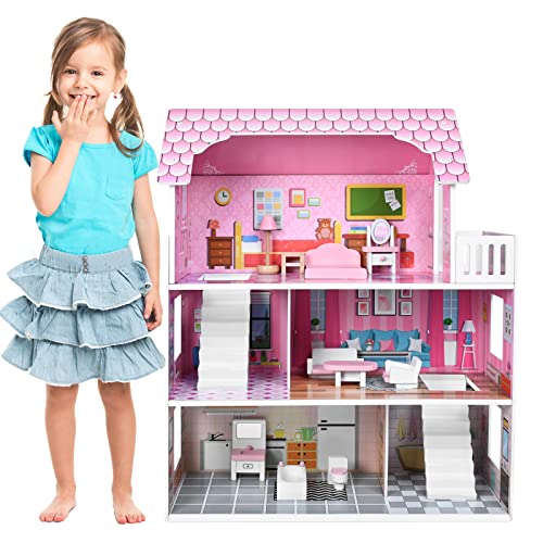 UISEBRT Puppenhaus Holz Puppenvilla mit 3 Etagen Möbeln und Zubehör, Dollhouse Mädchen Spielset für Kinder ab 3 Jahren, Typ A UISEBRT Puppenhaus Holz Puppenvilla mit 3 Etagen Möbeln und Zubehör, Dollhouse Mädchen Spielset für Kinder ab 3 Jahren, Typ A von UISEBRT