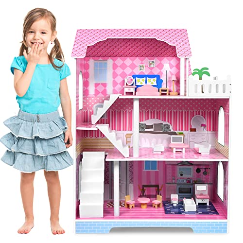 UISEBRT Puppenhaus Holz Puppenvilla mit 3 Etagen Möbeln und Zubehör, Dollhouse Mädchen Spielset für Kinder ab 3 Jahren, Typ B von UISEBRT